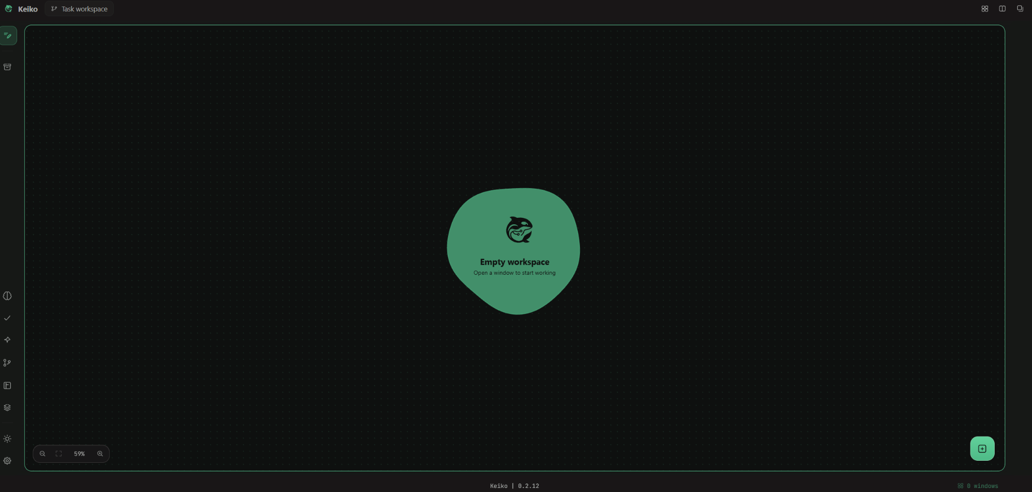 Keiko Task Workspace with a dark interface and central work area